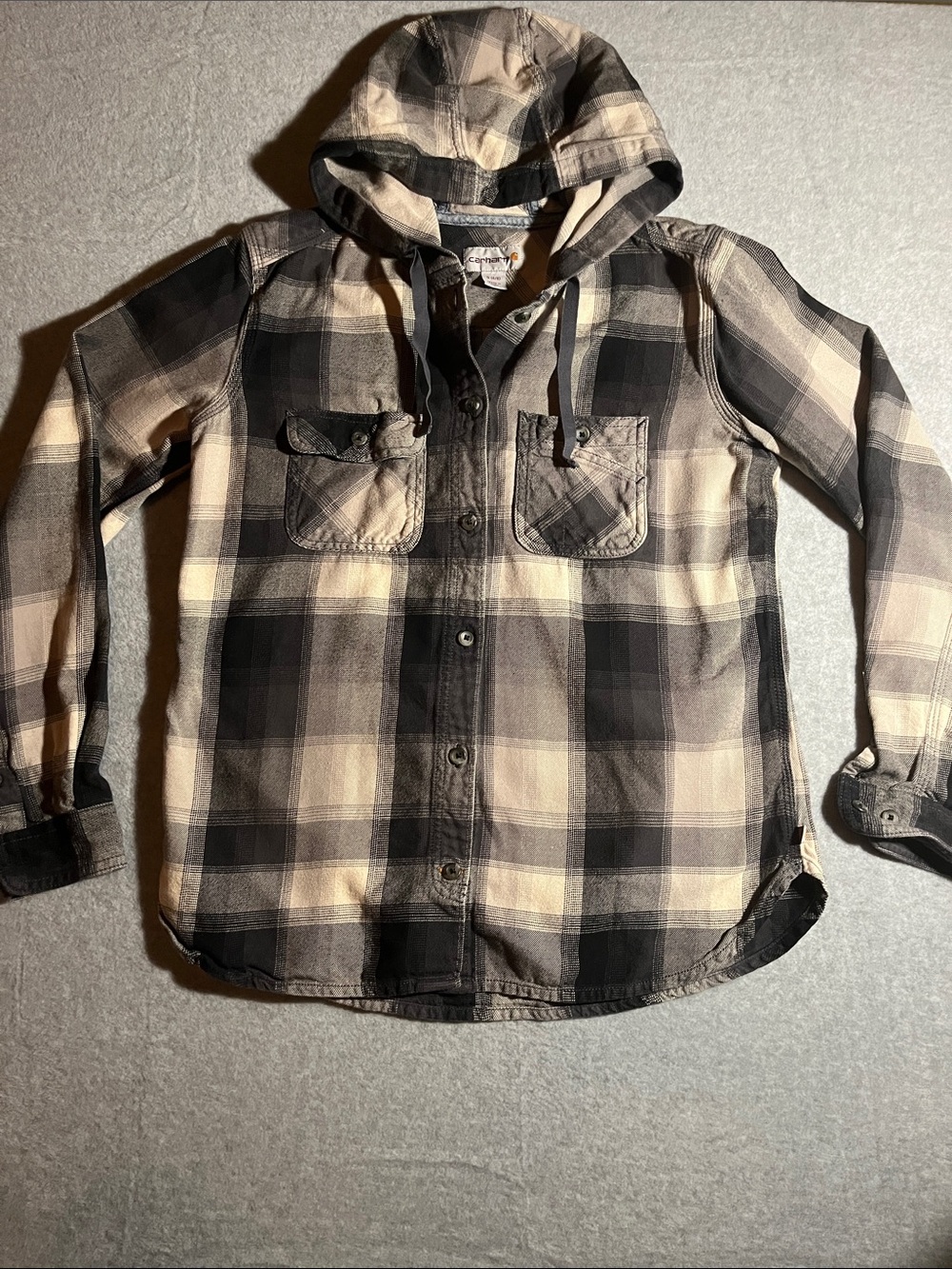 Carhartt Hooded Plaid Button-Down Shirt Jacket - Black & Cream